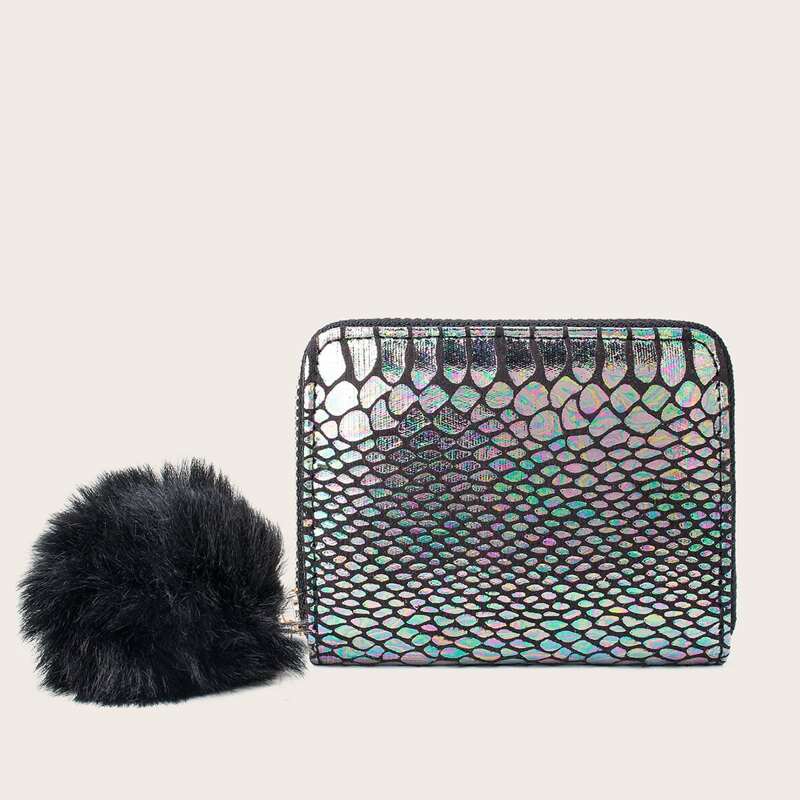 

Pom-pom Charm Snakeskin Purse, Black
