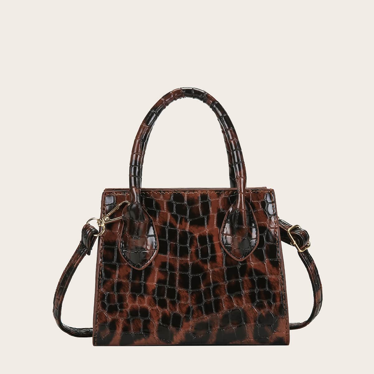

Double Handle Leopard Satchel Bag, Brown
