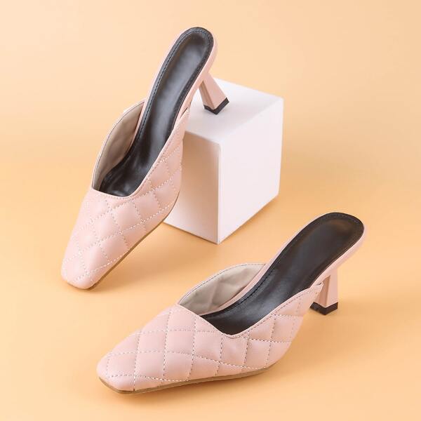 

Square Toe Quilted Heeled Mules, Pink