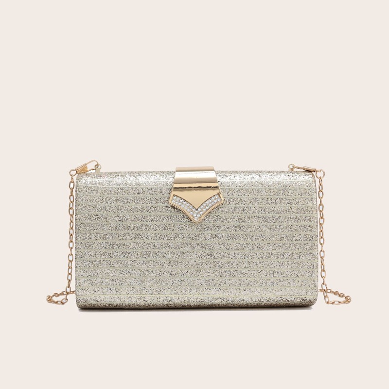 

Rhinestone Decor Glitter Box Bag, Gold