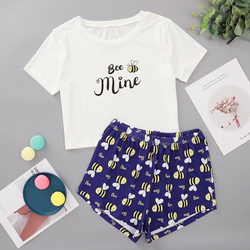 

Cartoon And Slogan Graphic Pajama Set, Blue and white