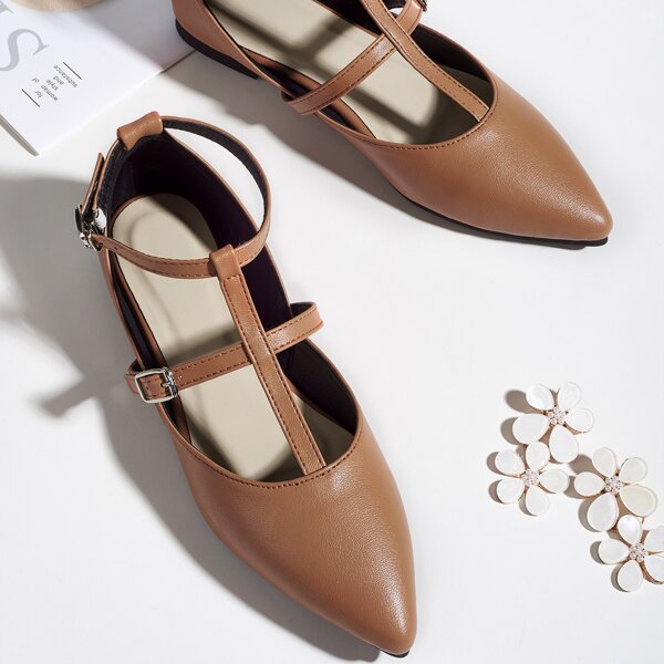 

Point Toe Minimalist T-strap Flats, Brown