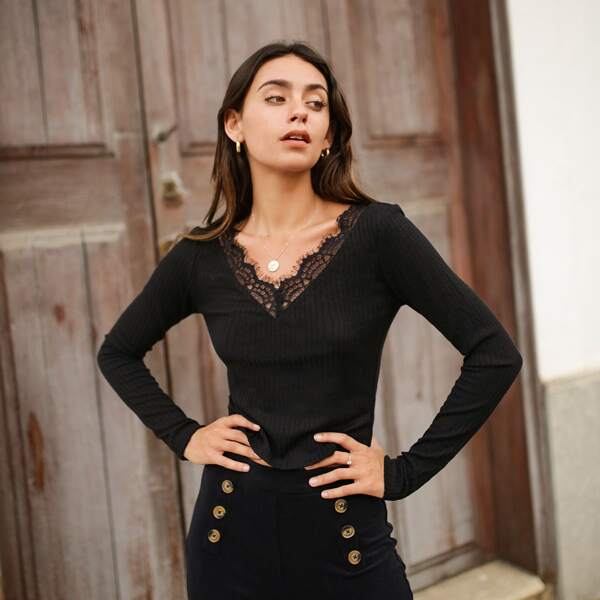 

Lace Trim Rib-knit Top, Black