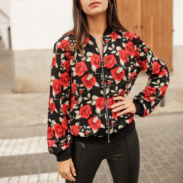 

Zip Up Floral Print Bomber Jacket, Multicolor