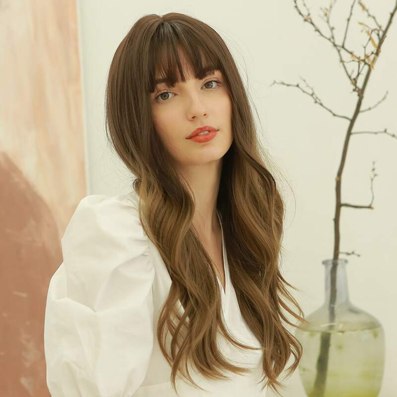 

1pc Long Curly Wig With Bangs, Brown