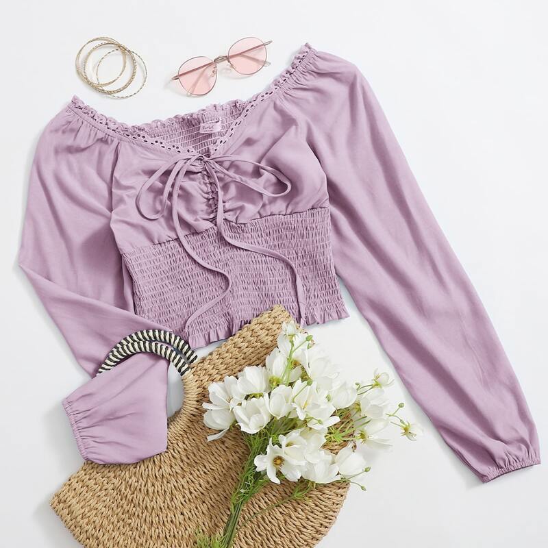 

Solid Ruched Shirred Crop Top, Lilac purple