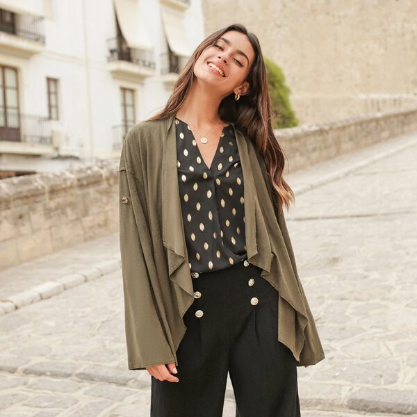 

Open Front Waterfall Neck Roll Up Sleeve Coat, Army green