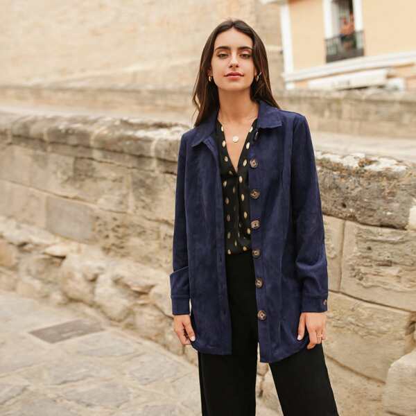 

Button Up Solid Suede Coat, Navy blue