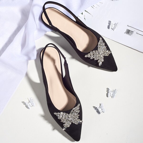 

Rhinestone Decor Butterfly Graphic Slingback Flats, Black