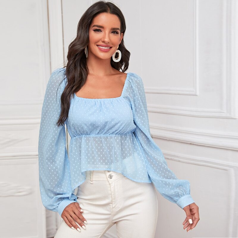 

Chiffon Swiss Dot Square Neck Peplum Blouse, Baby blue