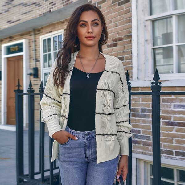 

Striped Drop Shoulder Cardigan, Beige