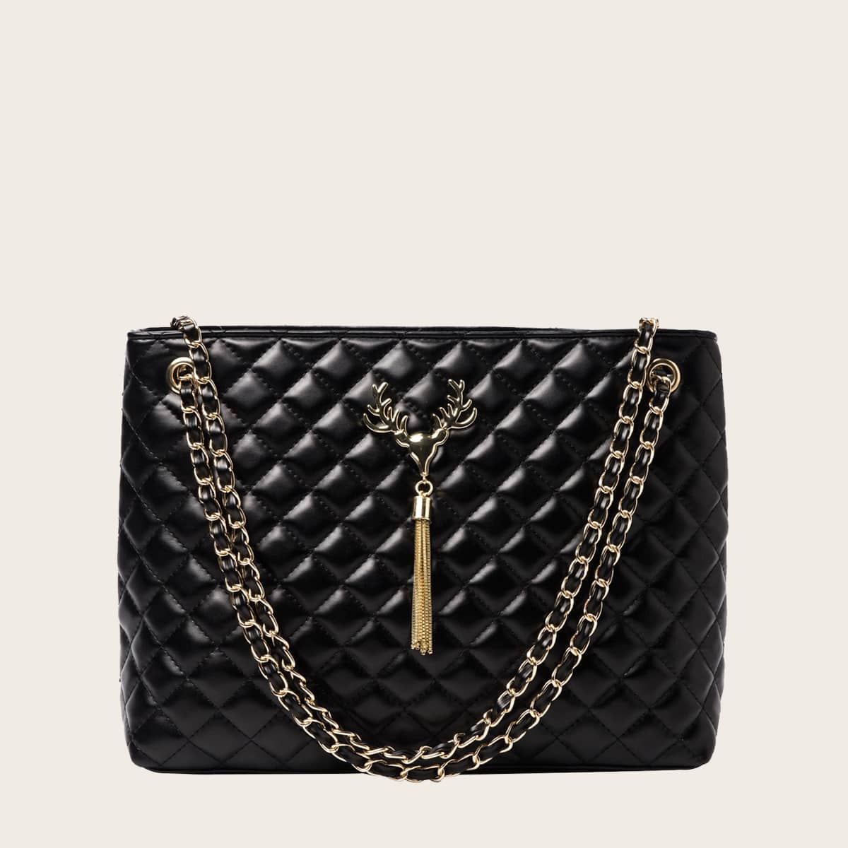 

Metal Tassel Charm Quilted Tote Bag, Black
