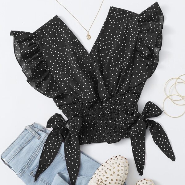 

Plus Polka Dot Ruffle Trim Tie Side Shirred Top, Black