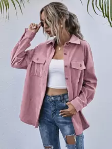 SHEIN LUNE Flap Pocket Button Front Corduroy Coat - Dusty Pink - View 1