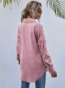 SHEIN LUNE Flap Pocket Button Front Corduroy Coat - Dusty Pink - View 2