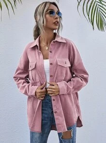 SHEIN LUNE Flap Pocket Button Front Corduroy Coat - Dusty Pink - View 4