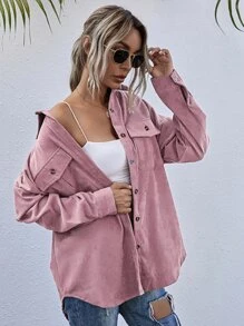 SHEIN LUNE Flap Pocket Button Front Corduroy Coat - Dusty Pink - View 5
