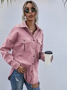 SHEIN LUNE Flap Pocket Button Front Corduroy Coat - Dusty Pink - View 7