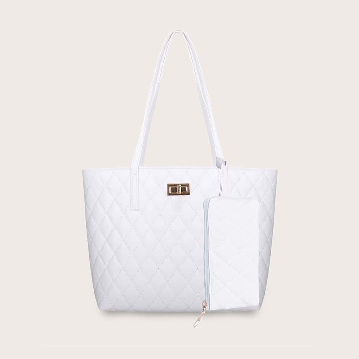 

Double Handle Quilted Tote Bag With Purse, White