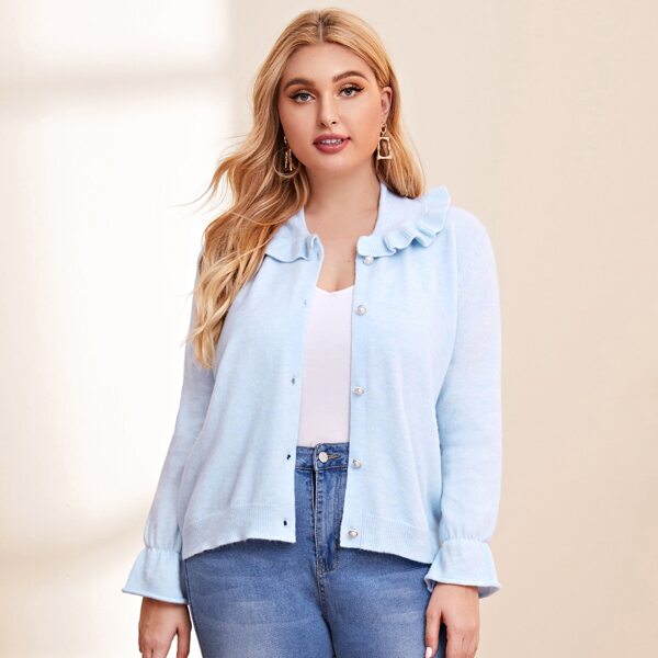 

Plus Ruffle Trim Button Up Cardigan, Baby blue