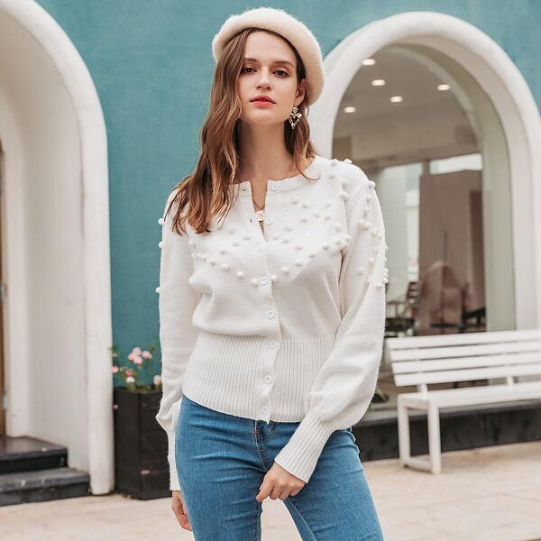 

Button Front Popcorn Knit Cardigan, White