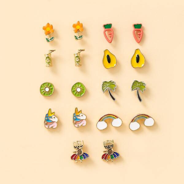 

9pairs Rainbow & Flower Shaped Stud Earrings, Multicolor