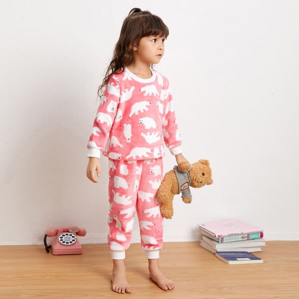 

Toddler Girls Cartoon Bear Print Flannel Pajama Set, Pink