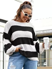 Flirla Plus Drop Shoulder Color Block Sweater - Black and White - View 1