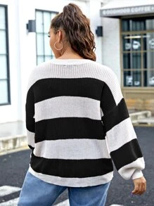 Flirla Plus Drop Shoulder Color Block Sweater - Black and White - View 2