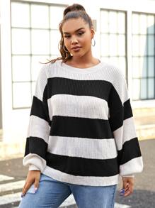 Flirla Plus Drop Shoulder Color Block Sweater - Black and White - View 4