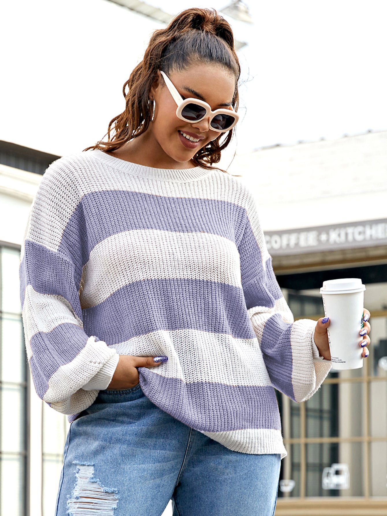 Plus Drop Shoulder Color Block Sweater thumbnail