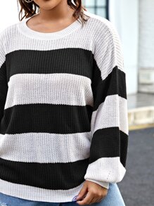 Flirla Plus Drop Shoulder Color Block Sweater - Black and White - View 5