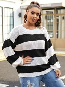 Flirla Plus Drop Shoulder Color Block Sweater - Black and White - View 6