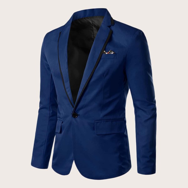 

Men Contrast Binding Single Button Blazer, Blue