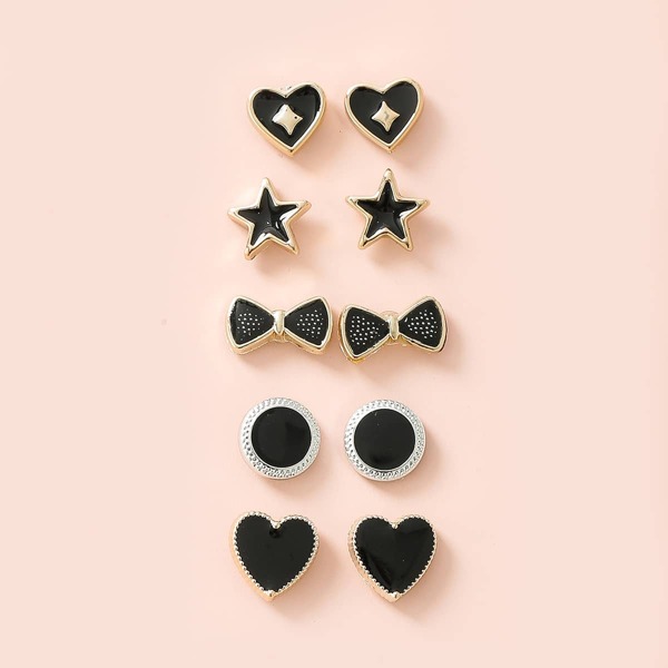 

5pairs Girls Heart & Bow Stud Earrings, Black