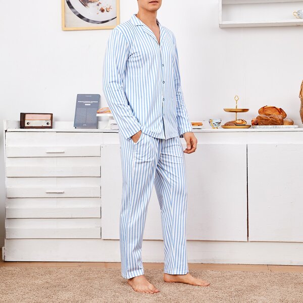 

Men Vertical Striped Pajama Set, Blue and white