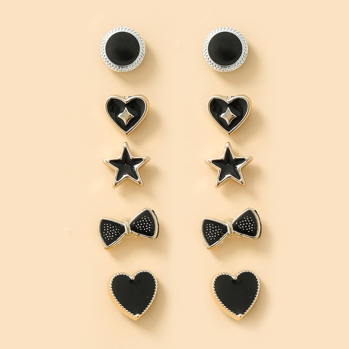 

5pairs Heart & Bow Stud Earrings, Multicolor