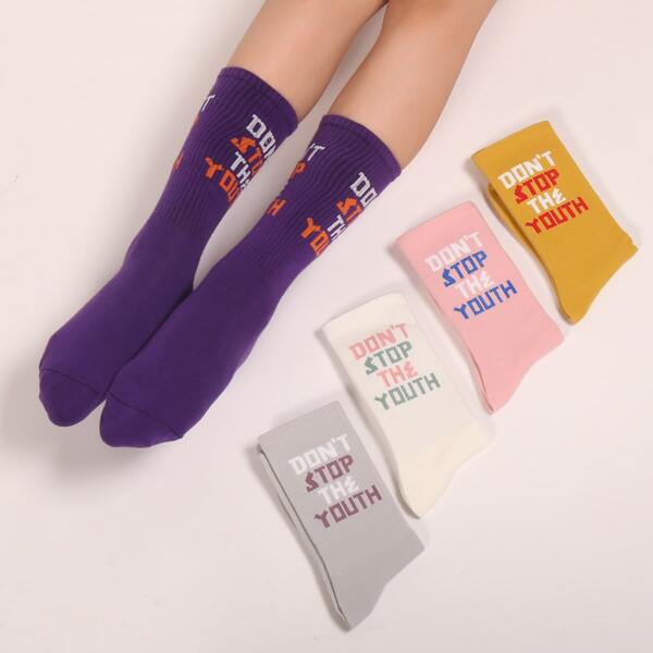 

5pairs Slogan Graphic Socks, Multicolor