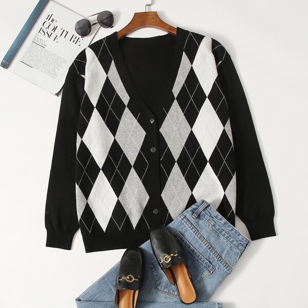 

Plus Argyle Pattern Button Front Cardigan, Black