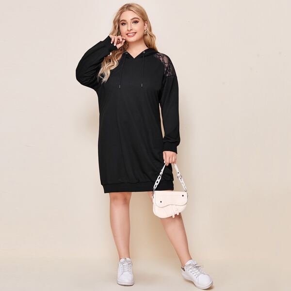 

Plus Contrast Lace Drawstring Hoodie Dress, Black