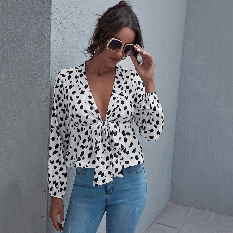

Dalmatian Print Tie Front Peplum Top, White