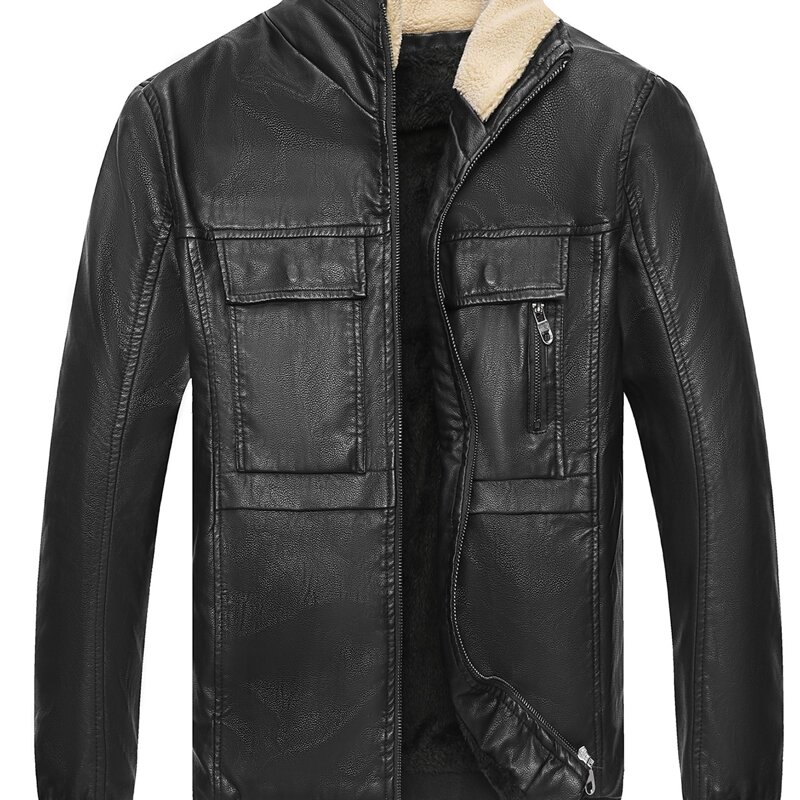 

Guys Flap Pocket Sherpa Lined PU Leather Jacket, Black