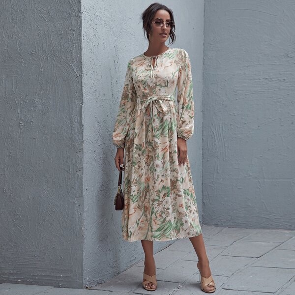

Tie Neck Belted Lantern Sleeve Floral Dress, Multicolor
