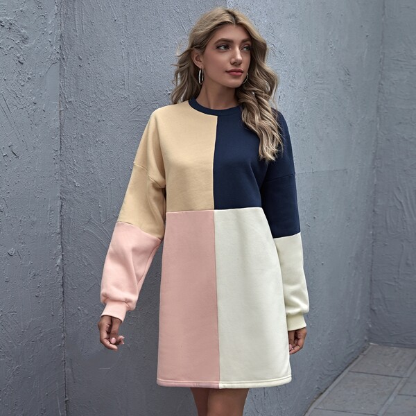 

Drop Shoulder Colorblock Sweatshirt Dress, Multicolor