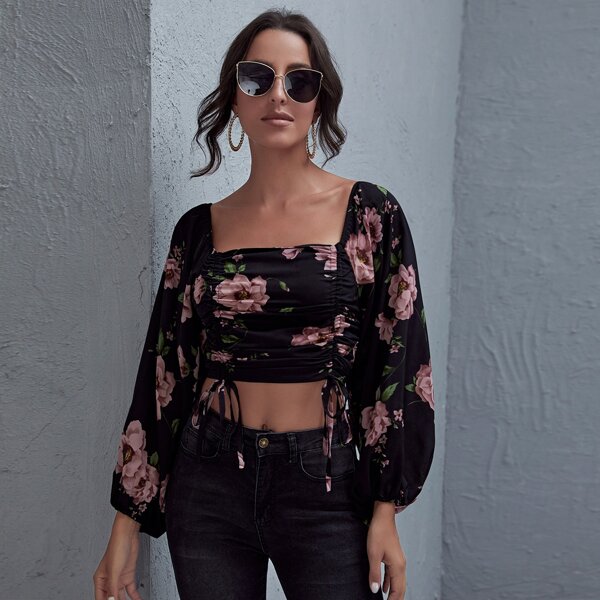 

Floral Print Drawstring Ruched Crop Top, Black
