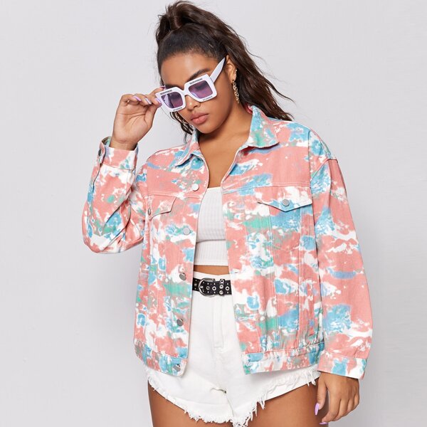 

Plus Tie Dye Button Front Denim Jacket, Multicolor