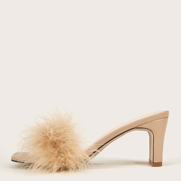 

Faux Fur Decor Chunky Heeled Mules, Apricot