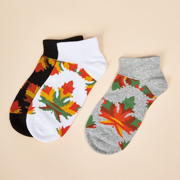 

3pairs Colorful Maple Leaf Pattern Socks, Multicolor