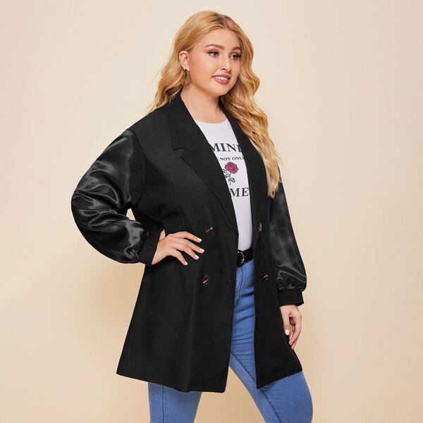 

Plus Contrast Sleeve Double Button Blazer, Black