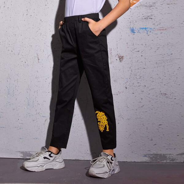 

Boys Leopard Print Slant Pocket Pants, Black